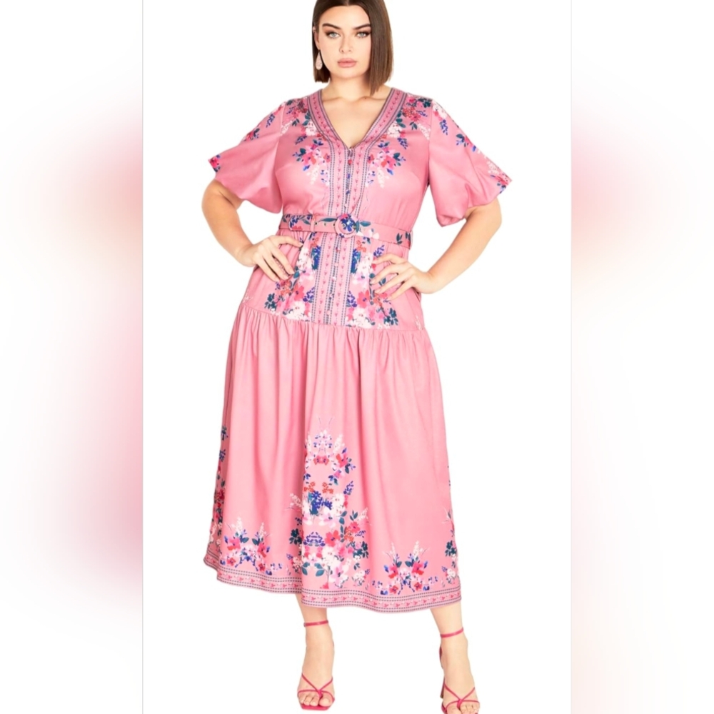 City Chic Zuri Floral Belted Midi Dress Pink Short Bubble Sleeves, size 18